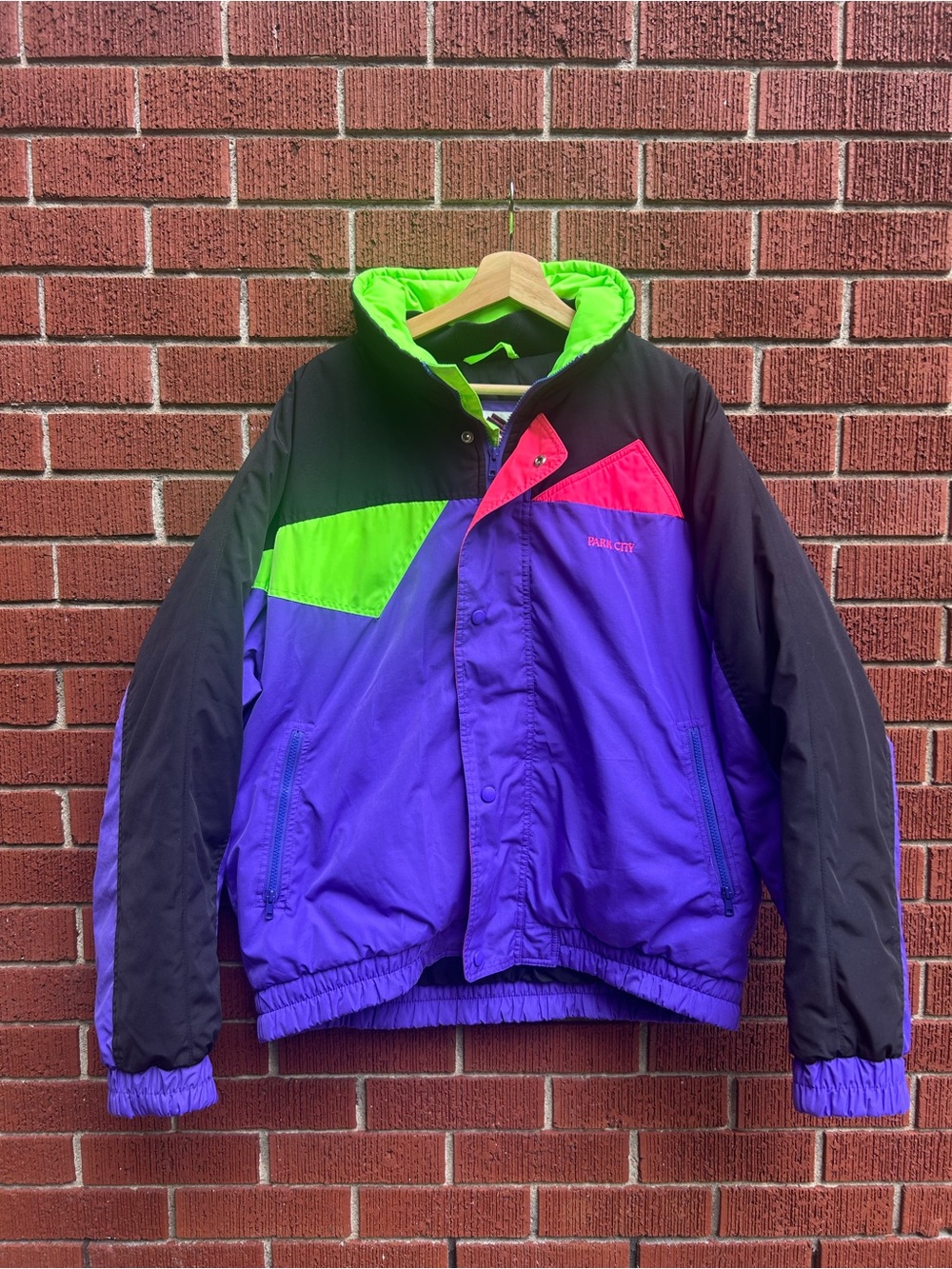 Park City Retro Neon Colourblock Ski Jacket Purple Black Green — Men’s L